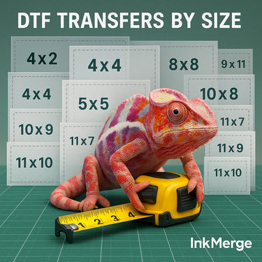 A colorful chameleon stands on a yellow tape measure in front of illustrated sheets labeled with DTF transfer sizes like 4x2 and 4x4. InkMerge’s DTF Transfers By Size offers custom transfers and professional printing quality.